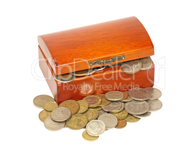 Wooden chest with different metal coins.