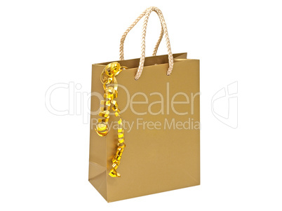 Gift bag with decorative golden tape.