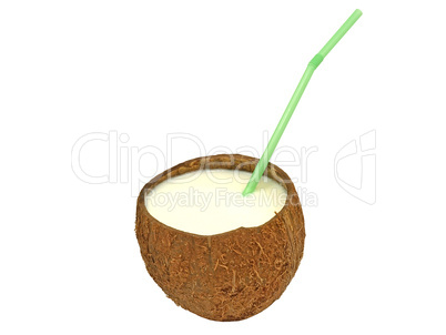 Coconut with a cocktail straw. Isolated.