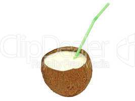 Coconut with a cocktail straw. Isolated.