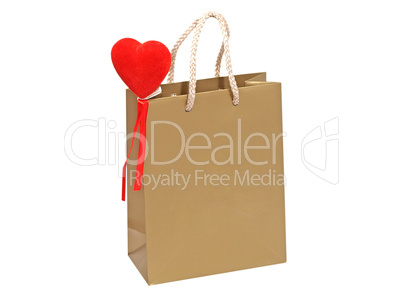 Golden gift bag with red heart.