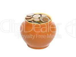 Ceramic pot with metal money.