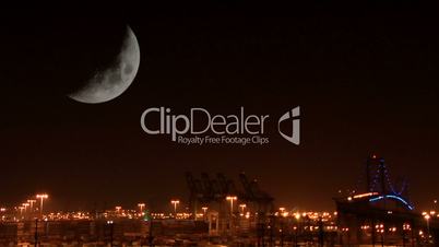 Moon over Long Beach bridge wide shot