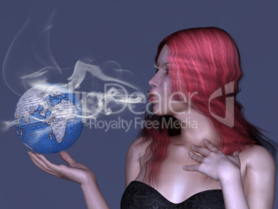 Junge Frau bläst Rauch über eine Erdkugel