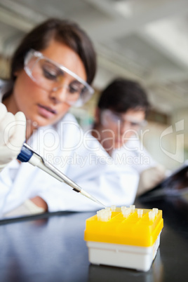 Scientist pouring a liquid in a tube