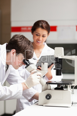 Portrait of a science student looking in a microscope while his