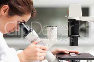 Close up of a female science student looking in a microscope
