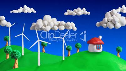 ecologic scene house and wind turbines loop clay animation