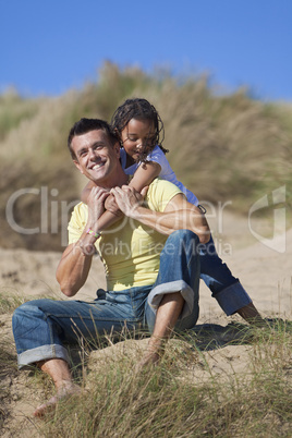 Man & Girl, Happy Father and Daughter Playing At Beach