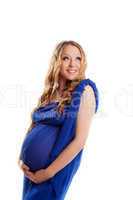 Yong pregnant woman in blue silk smile