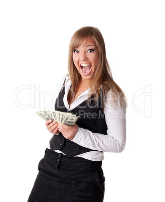 Attractive young business woman happy with money