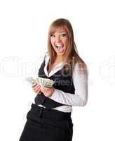 Attractive young business woman happy with money