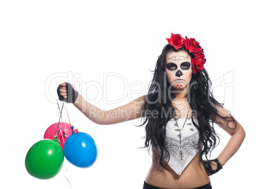 disappointed woman in dead mask with ballons