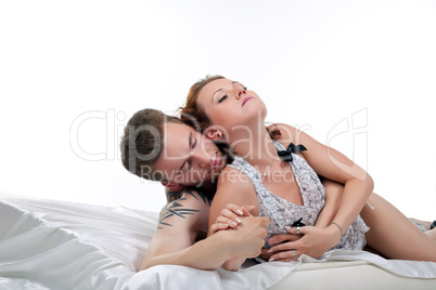 lovers in bed at morning sex isolated