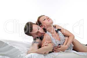 lovers in bed at morning sex isolated