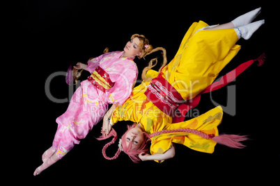 Beauty girls lay in kimono cosplay costume