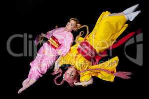 Beauty girls lay in kimono cosplay costume