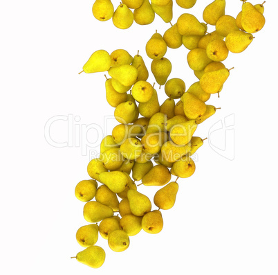 Yellow pears falling down isolated on white