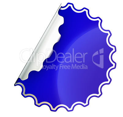 Blue round jagged sticker or label over white
