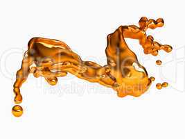 Splash of golden fluid with drops over white