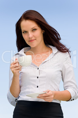 Businesswoman blue sky attractive cup of coffee