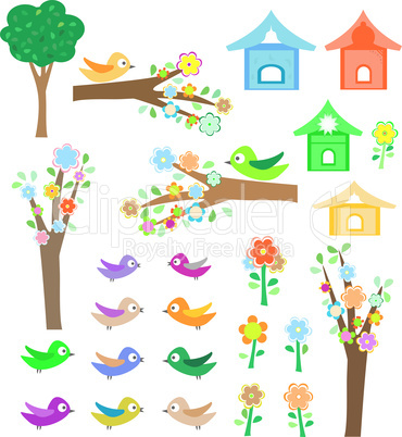 Set birds with birdhouses, trees and flowers
