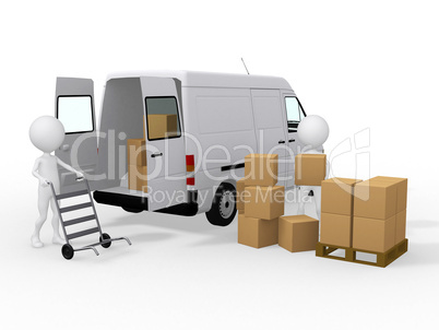 3d workers loading boxes to a van
