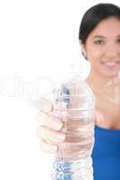 beautiful woman with bottle of water over white