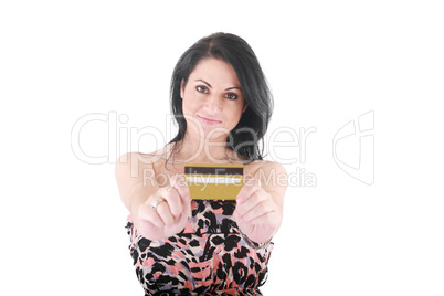Close-up portrait of young female holding credit card isolated o