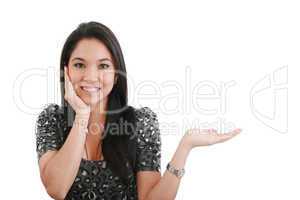 woman with her hand open to show a product, isolated on white
