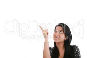 happy smiling young business woman showing blank area for sign o