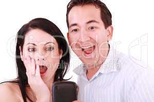 young pair was surprised, having read on mobile phone sms.