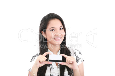 woman holding credit card isolated on white