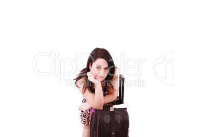 Young woman waiting at airport, isolated over white
