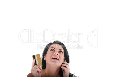 Portrait of smiling young woman using cell phone on white backgr