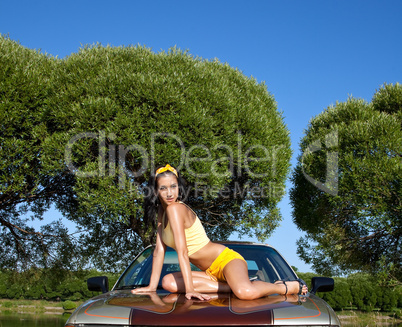 Sexy young woman sit on retro car