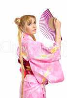 Young woman in kimono costume with fantail