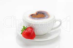 cappuccino in a cup in the shape of hearts and strawberries isol