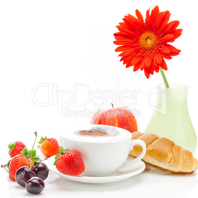 cappuccino in a cup in the shape of hearts,gerbera,apple,cherry,