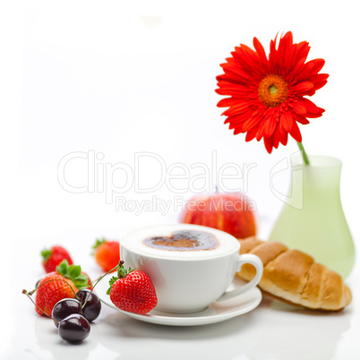 cappuccino in a cup in the shape of hearts,gerbera,apple,cherry,