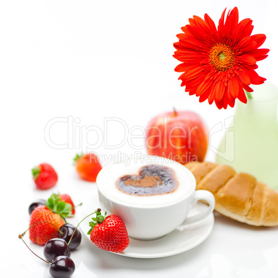 cappuccino in a cup in the shape of hearts,gerbera,apple,cherry,