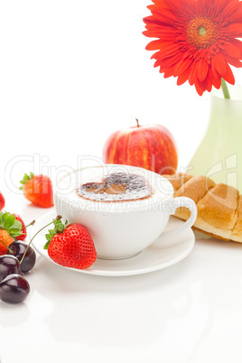 cappuccino in a cup in the shape of hearts,gerbera,apple,cherry,