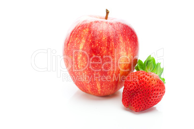 big juicy red ripe strawberries and apple isolated on white