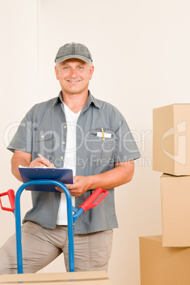 Messenger mature male courier delivering parcels