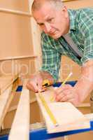 Handyman home improvement close-up of measure wood