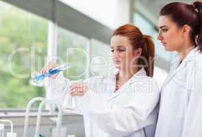 Science students pouring liquid in an Erlenmeyer flask