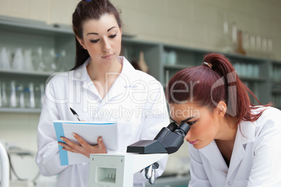 Student looking into a microscope while her classmate is taking