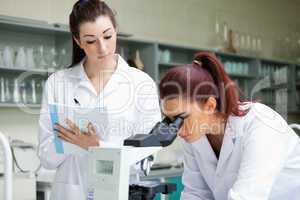 Scientist looking into a microscope while her colleague is takin