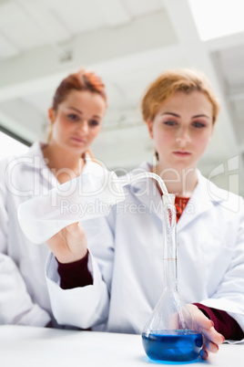 Portrait of serious science students doing an experiment