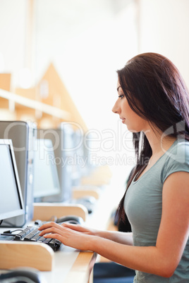 Portrait of a gorgeous student working with a computer